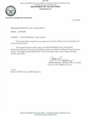 Memorandum dtd 04/07/05 for the ASD (AT&L)(BRAC) from Col. Christopher Kapellas, Chief, Air Force BRAC Division