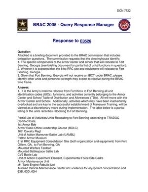 Department of Defense Clearinghouse Response: DoD Clearinghouse response to a letter from the BRAC Commission regarding Maneuver Training (Ft. Benning)