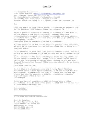E-mail from Scott Nudelman to Jim Durso regarding reuse of Missile Defense Agency (MDA) leased space