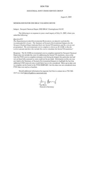 Department of Defense Clearinghouse Response: DoD Clearinghouse response to a letter from the BRAC Commission regarding environmental restoration