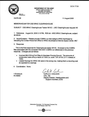 Department of Defense Clearinghouse Response: DoD Clearinghouse response to a letter from the BRAC Commission regarding COBRA run that realigns HRSC-Northeast by relocating the Civilian Personnel Office to HRSC-Southeast