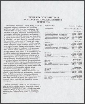 University of North Texas Schedule of Final Examinations: Spring 1996