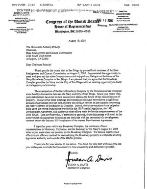 Executive Correspondence - Letter from Congressman Susan Davis (California) regarding the Navy Broadway Complex in San Diego