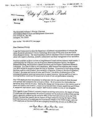 Executive Correspondence - Letter from Brook Park, Ohio Mayor Mark J. Elliot to Chairman Principi dtd 19 Aug 05