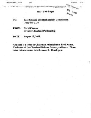 Executive Correspondence - Letter from Frederick Nance, Chairman, Cleveland Defense Industry Alliance to Chairman Principi dtd 19 August 2005