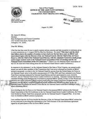 Executive Correspondence - Letter from Adjutant Gen Allen Tacket to Commissioner Bilbray dtd 18 Aug 05