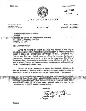 Executive Correspondence - Letter from the Mayor of Chesapeake, VA to Chairman Principi dtd 18 Aug 05