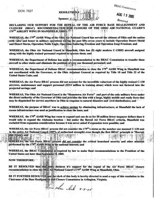 Executive Correspondence - Village of Chatfield, OH Resolution 125 dtd 8 Aug 05