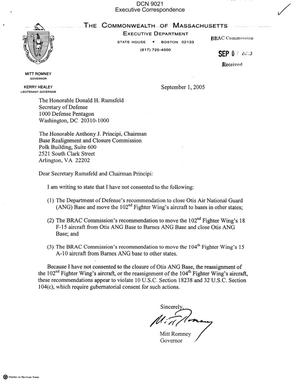 Executive Correspondence – Letter dtd 09/01/05 to Chairman Principi and Secretary Rumsfeld from MA Governor Mitt Romney