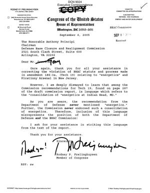 Executive Correspondence – Letter dtd 09/06/05 to Chairman Principi from Representative Rodney Frelinghuysen (11th, NJ)