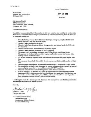 Letter from Col. (Ret) Michael D. Kelley to Chairman Principi dtd 30 August 2005