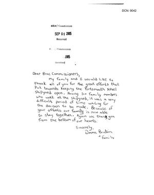 Letter from Donna Boutin to the BRAC received 6 Sept 2005