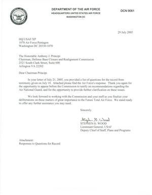 Department of Defense Clearinghouse Response: DoD Clearinghouse Response to a letter from the BRAC Commission pertaining to questions for the record regarding Air Force Testimony on July 18, 2005.