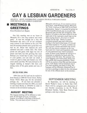 Gay and Lesbian Gardeners, Volume 2, Number 8, August 1994