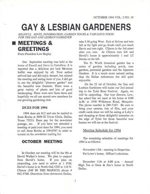 Primary view of object titled 'Gay and Lesbian Gardeners, Volume 2, Number 10, October 1994'.