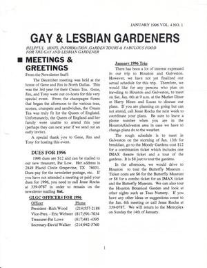 Primary view of object titled 'Gay and Lesbian Gardeners, Volume 4, Number 1, January 1996'.