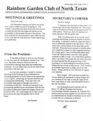 Rainbow Garden Club of North Texas Newsletter, Volume 5, Number 1, January 1997