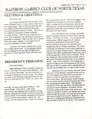 Rainbow Garden Club of North Texas Newsletter, Volume 5, Number 2, February 1997