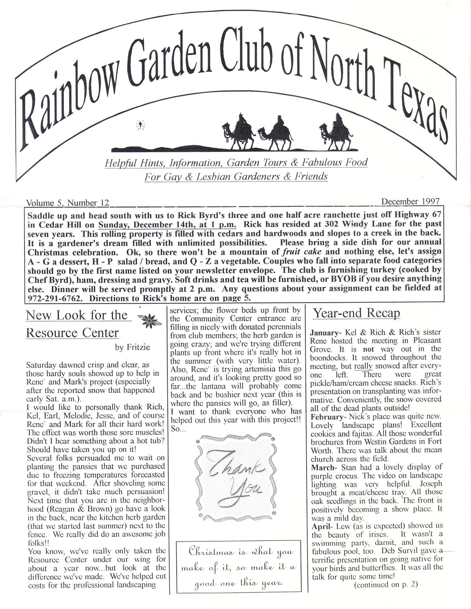 Rainbow Garden Club of North Texas Newsletter, Volume 5, Number 12, December 1997
                                                
                                                    [Sequence #]: 1 of 6
                                                