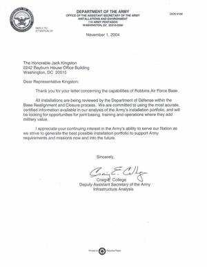 Congressional Letter to Rep Kingston from Craig College, ISG