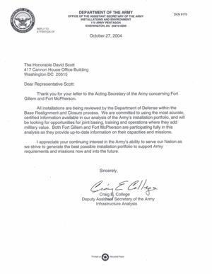 Letter dated 27 Oct 2004 from Craig College, Deputy Assistant Secretary of the Army, Infrastructure Analysis to the Honorable David Scott