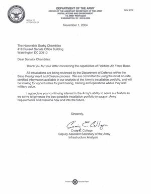 Letter dated 1 Nov 2004 from Craig College, Deputy Assistant Secretary of the Army, Infrastructure Analysis to the Honorable Saxby Chambliss