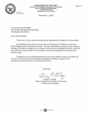Letter dated 1 Nov 2004 from Craig College, Deputy Assistant Secretary of the Army, Infrastructure Analysis to the Honorable Zell Miller