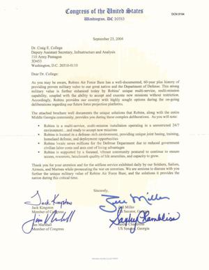 Letter dated 23 Sep 2004 from the Congressmen Kingston Miller Marshall and Chambliss to DASA (IA) Craig College