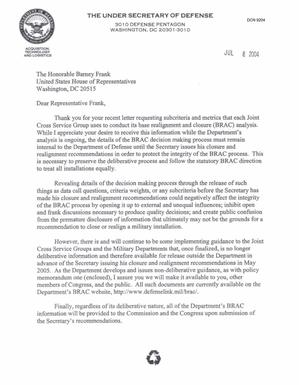 Letter dated 8 Jul 2004 to Rep. Barney Frank from Michael Wynn