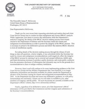 Letter dated 8 Jul 2004 to Rep. James P McGovern from Michael Wynn