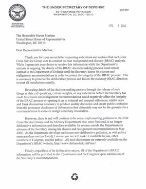 Letter dated 8 Jul 2004 to Rep. Martin Meehan from Michael Wynn
