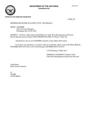 Memorandum in reference to: AFAA Report F2003-FB4000-0924-00, yr memo dtd 5 May 04