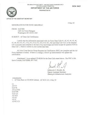 AF Data Call Certification, Memo to OSD dtd 9 May 05