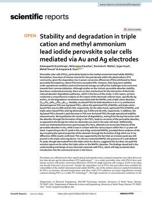 Stability and degradation in triple cation and methyl ammonium lead iodide perovskite solar cells mediated via Au and Ag electrodes