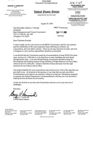 Executive Correspondence – Letters dtd 08/29/05 to Chairman Principi and all the Commissioners from OH Senator George Voinovich
