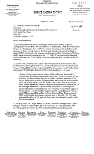 Executive Correspondence – Letter dtd 08/29/05 to Chairman Principi from PA Senator Rick Santorum