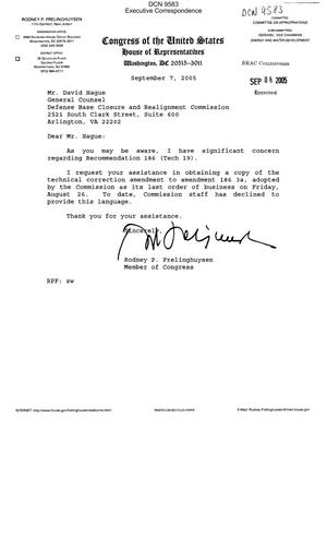 Executive Correspondence – Letter dtd 09/07/05 to BRAC Commission General Counsel David Hague from Representative Rodney Frelinghuysen (11th, NJ)