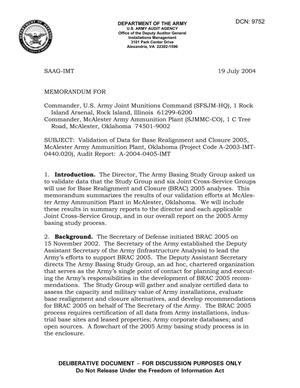 Memorandum: Validation of Data for Base Realignment and Closure 2005, McAlester Army Ammunition Plant, Oklahoma (Project Code A-2003-IMT-0440.020), Audit Report: A-2004-0405-IMT - dtd 19 July 2004