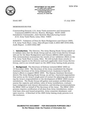 Memorandum: Validation of Data for Base Realignment and Closure 2005, U.S. Army Tank Plant, Lima, Ohio (Project Code A-2003-IMT-0440.008), Audit Report: A-2004-0402-IMT - dtd 15 July 2004