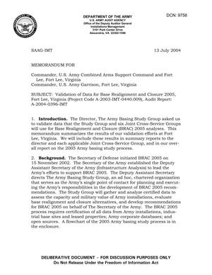 Memorandum: Validation of Data for Base Realignment and Closure 2005, Fort Lee, Virginia (Project Code A-2003-IMT-0440.009), Audit Report: A-2004-0396-IMT - dtd 13 July 2004