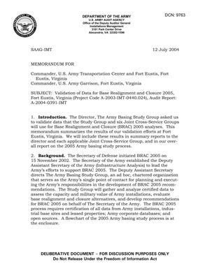 Memorandum: Validation of Data for Base Realignment and Closure 2005, Fort Eustis, Virginia (Project Code A-2003-IMT-0440.024), Audit Report: A-2004-0391-IMT - dtd 12 July 2004