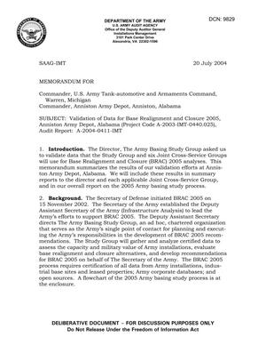 Memorandum: Validation of Data for Base Realignment and Closure 2005, Anniston Army Depot, Alabama (Project Code A-2003-IMT-0440.025), Audit Report: A-2004-0411-IMT - DTD 20 July 2004