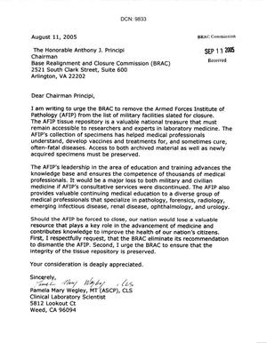 [Letter from Pamela M. Wegley to Anthony J. Principi - August 11, 2005]
