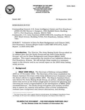 Memorandum: Validation of Data for Base Realignment and Closure 2005, Fort Huachuca, Arizona (Project Code A-2003-IMT-0440.047), Audit Report: A-2004-0542-IMT - DTD 30 September 2004
