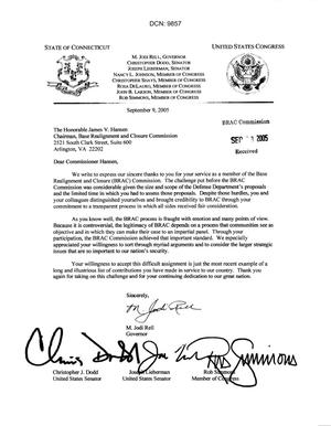 [Letters from M. Jodi Rell,  Christopher Dodd, Joseph Lieberman, and Rob Simmons to BRAC Commissioners - September 9, 2005]