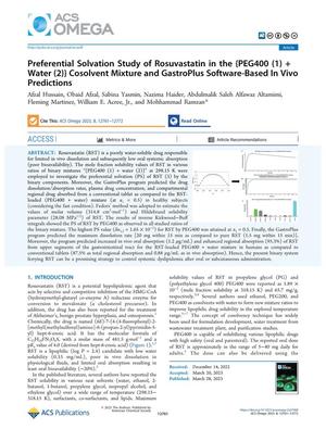 Preferential Solvation Study of Rosuvastatin in the {PEG400 (1) + Water (2)} Cosolvent Mixture and GastroPlus Software-Based In Vivo Predictions