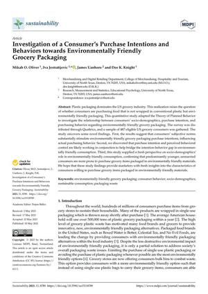 Primary view of object titled 'Investigation of a Consumer’s Purchase Intentions and Behaviors towards Environmentally Friendly Grocery Packaging'.