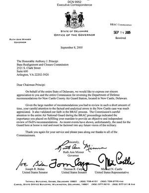 Executive Correspondence – Letter dtd 09/08/05 to Chairman Principi from DE Governor Ruth Ann Minner, DE Senators Joseph Biden and Thomas Carper as well as DE Representative Michael Castle