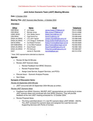 Joint Action Scenario Team (JAST) Meeting Minutes - JAST Scenario Idea Review – 4 October 2004
