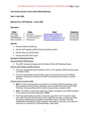 Joint Action Scenario Team Meeting Minutes – 4 April 2005